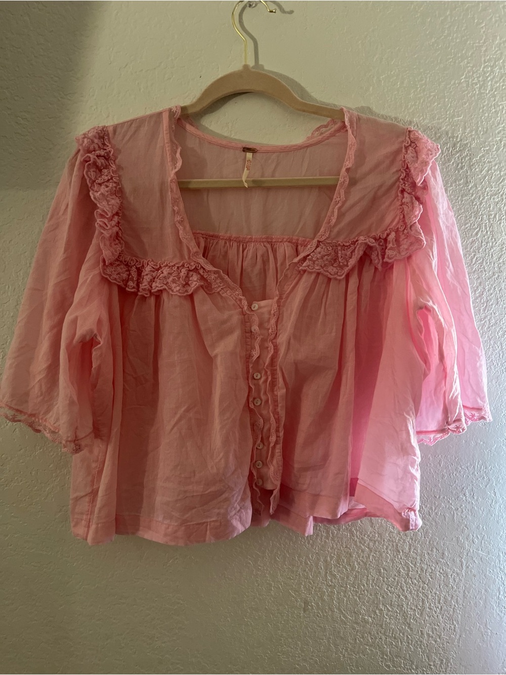 Free People Pink Ruffled Button-Front Crop Blouse - Picture 2 of 5